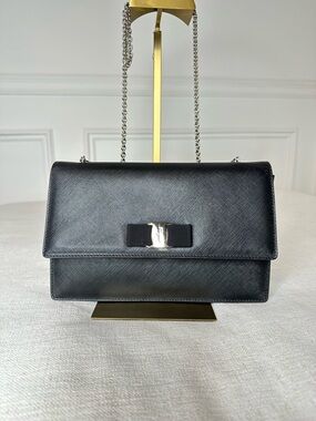 Salvatore Ferragamo Black Leather Vara Bow Crossbody with Silver Chain
